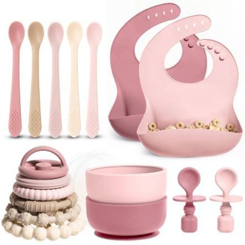 Silicone Baby Essentials Set – Pink Stacking Toy, Feeding Bibs, Suction Bowls with Spoons & First-Stage Spoons – BPA-Free, Safe for Infants & Toddlers