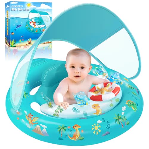 Baby Pool Float with Canopy Upf50+ Sun Protection, Baby Swimming Float | Inflatable Kids Pool Floats with Toy Play Console for Baby 6-36 Months, Infant Swimming Float with Adjustable Safety Seat