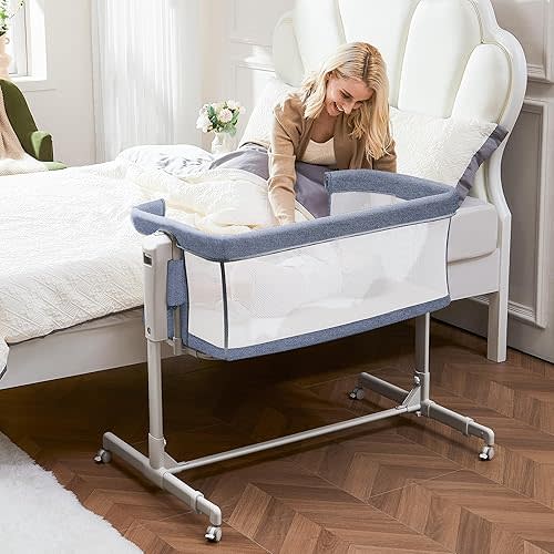 Baby Bassinet Bedside Sleeper 3-in-1, Easy Night Feeding with One-Side Fold & Rolling Wheels, Breathable Mesh, 6-Height Adjustable, Soft Mattress for Newborns