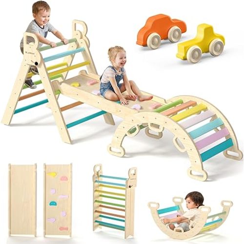 BlueWood Pikler Triangle Set 7in1 Foldable Baby Climbing Toys Wooden Montessori Climbing Set with Arch&Ramp&Ladder Baby Climber Indoor Jungle Gyms for Toddlers Montessori Toys- Rainbow