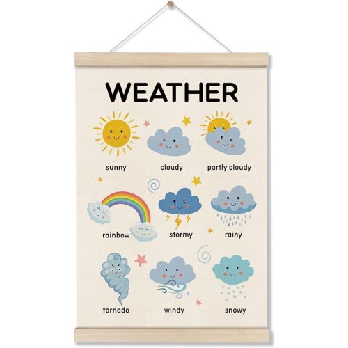 DOI-LANEE Weather Educational Poster Hanger Frame, Cute Classroom Decor, Nursery Wall Art, Weather Learning Canvas Wall Art Room Playroom Classroom, Homeschool Decoration 16x12 Inch
