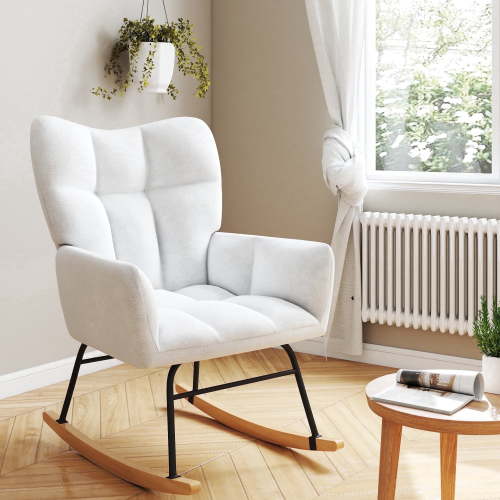TUAREX Teddy Upholstered Rocking Chair, High Backrest Glider Rocker Accent Chair for Nursery Living Room Bedroom, White