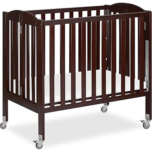 Dream On Me 3-in-1 Portable Folding Stationary Side Mini Baby Crib in Espresso & Mattress, GreenGuard Gold & JPMA, Use as Changer & Playpen, Locking Wheels, 3 Mattress Heights, Extra Firm Mattress