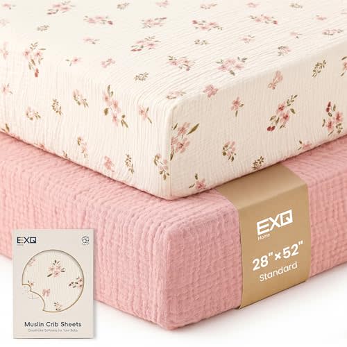 EXQ Home Muslin Crib Sheets for Boy Girl, 2 PCS Breathable 100% Cotton Soft Fitted Crib Sheet for Standard Crib Mattress, 52"x28", Pink Blossoms