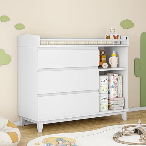 iPormis Baby Changing Table with 4 Drawers & 2 Open Shelves, Multi-Functional Nursery Changing Station with Storage, Pearl White