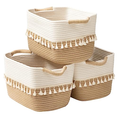 TeoKJ Woven Storage Bin Set of 3, Cotton Rope Basket for Organizing, Boho Storage Basket Bin for Books, Plants, Pet Treats, White & Jute