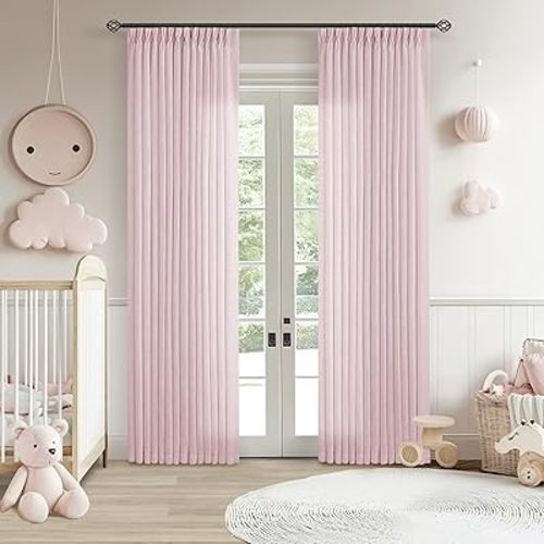 Light Pink Linen Pinch Pleat Curtains 84 Inch Length 2 Panels for Girls Bedroom Nursery Soft Thick Linen Window Drapes Semi Sheer Light Filtering Pleated for Kids Living Room Blush Dusty Pink Decor