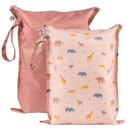 Tiny Twinkle Mess Proof Wet Bags | 2-Pack Reusable Waterproof Wet Bags for Swimsuits | Baby Clothes | Travel & Diaper Bag (Petite Safari)