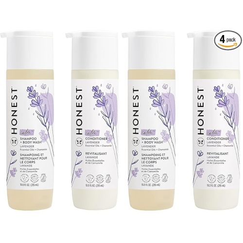 The Honest Company Baby Shampoo, Body Wash & Conditioner Duo, 2-in-1 Cleansing, Silicone-Free, Naturally Derived, Lavender Calm Scent, 10 fl oz (Pack of 4)