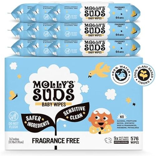 Molly's Suds Sensitive Clean Baby Wipes | 99% Water, Plant-Based, Fragrance Free | 576 Total Wipes (9 Flip-Top Packs)