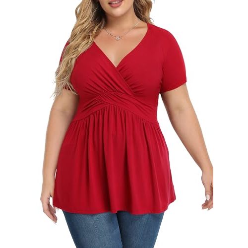 TIANZHU Women's Plus Size Dressy Tops Wrap Shirt Short Sleeve Tunic Top V Neck Low Cut Cute Blouse