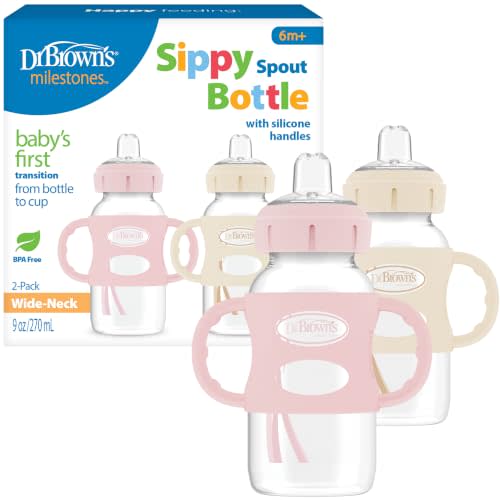 Dr. Brown's Wide-Neck Sippy Spout Bottle with Handles, Pink & Ecru, 2-Pack | Transition from nipple to sippy with the bottle baby loves, 100% silicone easy-grip handles and sippy spout, 9 oz, 6m+