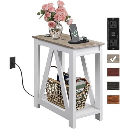 WLIVE Farmhouse End Table, Narrow Side Table with Charging Station, Slim End Table, Side Table for Bedroom, Living Room, Small Spaces, 2 USB and 2 Power Outlets, 11.8" D x 23.6" W x 23.74" H