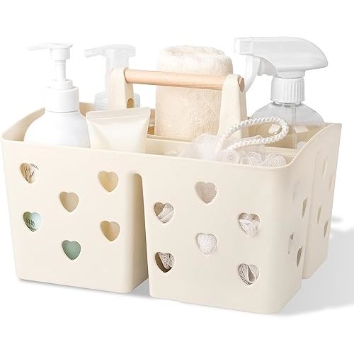 Anyoifax Portable Shower Caddy Plastic Shower Basket Organizer Divided Bathroom Caddy Storage Cleanning Caddy Tote with Handle for College, Dorm Room, Kitchen, Beige