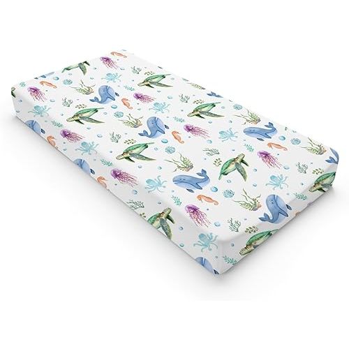 Colorful Sea Animals Changing Pad Cover Ocean Turtle Whale Jellyfish Sea Horse Weeds Sealife Diaper Change Table Pad Cover for Boys Girls Soft Stretch Fitted Changing Mat Sheets Cover 32''x16''