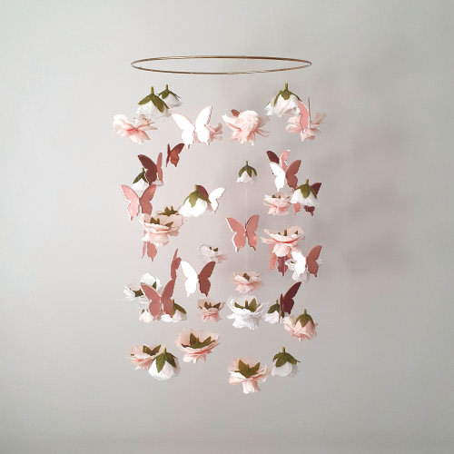 Flower and Butterfly Mobile, Baby Girl Mobile for Crib, Butterfly Crib Mobile, Rose Gold Baby Mobile, Flower Mobile, Floral Nursery Mobile
