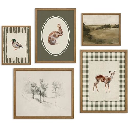 Vintage Nursery Wall Art Kids Canvas Poster Baby Boy Room Wall Decor Green Rabbit Wall Art Bunny Bird Prints Deer Picture Farmhouse Painting Nursery Artwork for Bedroom 8x10 Inch Wood Framed Set of 5