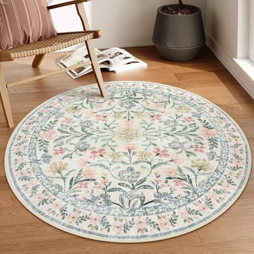 Lahome Round Boho Floral Rugs 4ft, Cream Washable Circle Rugs for Bedroom Nursery, Vintage Beige Circular Carpet, Soft Non-Slip Carpet for Kids Room Playroom Calm Corner, Beige