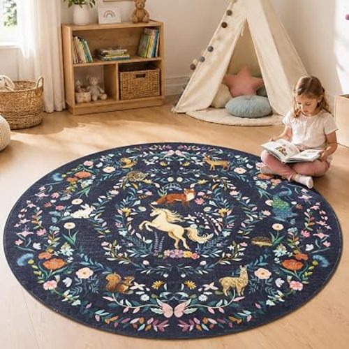 jinchan 6ft Round Rug Washable Kids Rug Whimsical Playroom, Navy Blue