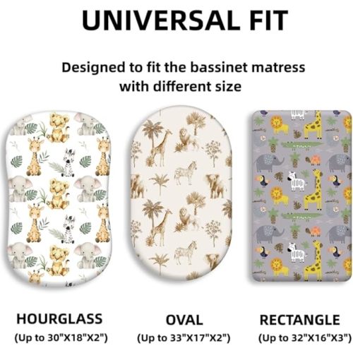 4 Pack Safari Jungle Animals Neutral Unisex Fitted Nursery Baby Sheets Set Toddler Mattress Sheets for Baby Boys or Girls (Bassinet Sheets)