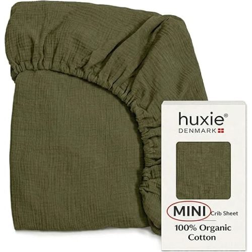 Huxie Mini Crib Sheets - Organic Cotton Muslin Fitted MINI 24"x 38" Crib Sheet for Pack and Play - Ultra-Soft and Breathable for Boys (Mini Sage Green)