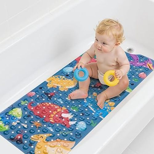 Topotdor Baby Bath Mat, Cartoon Bath Mat for Tub Non Slip Kids, 40x16 Inch Extra Long Toddler Bathtub Mat with Drain Holes & Suction Cups, Machine Washable Anti-Slip Shower Mat, Dinosaur