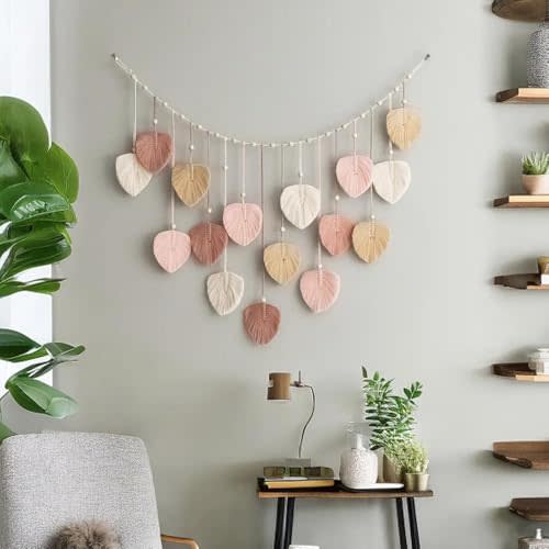 M MANUAL Macrame Leaves Wall Hanging 47.3x29.5Inch Large Chic Feather Boho Macrame Wall Decor Leaf Hanging Photo Display Handmade Woven Wall Art 16pcs Leaf Tapestry - Pink