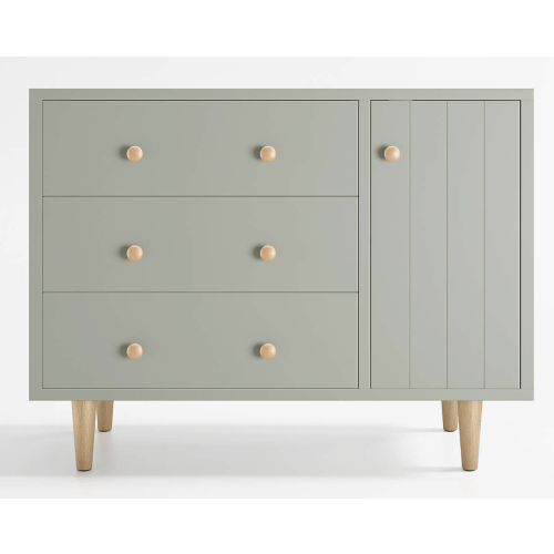 Finn 44" Narrow Sage Green Wood 3-Drawer Kids Dresser with Door