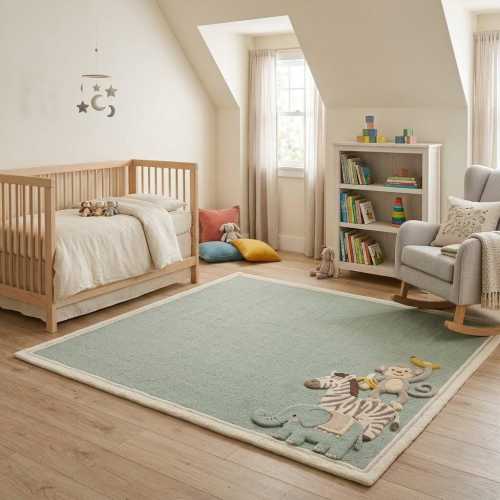 Sage Green Wool Hand-Tufted Animal Nursery Rug, Jungle Safari Playroom Decor