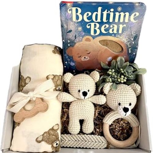 Crochet Bear Gift Box with Swaddle Blanket and Book -Handmade Crochet Bear Gift Set - We Can Barely Wait - Tumbleweed Babies