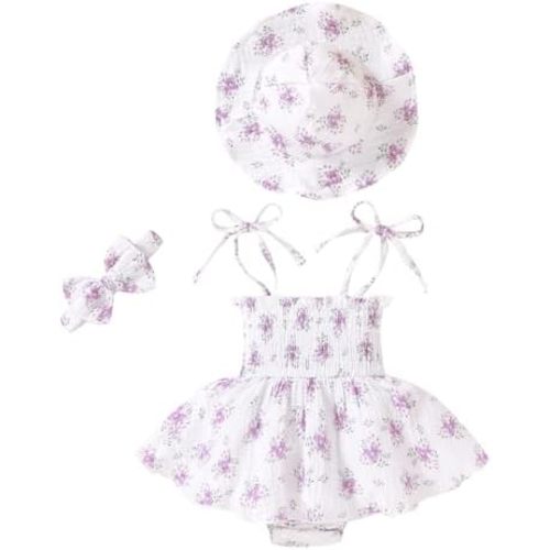 Happy Town Baby Girl Clothes Toddler Summer Sleeveless Romper Dress with Headband and Hat Cute Infant Jumpsuit Outfits