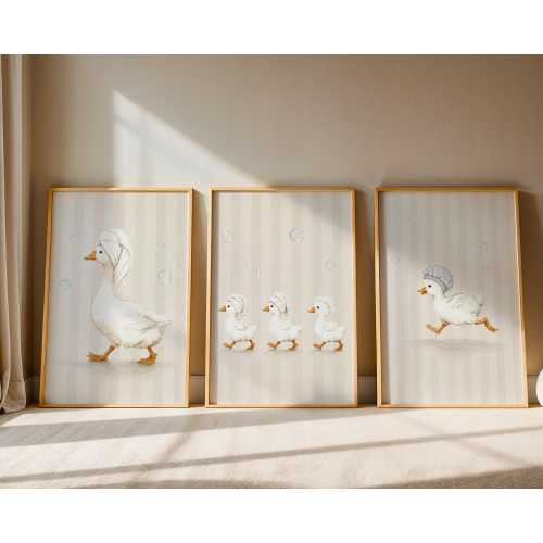 Duck Bathroom Wall Art Set of 3, Watercolor Spa Duck Prints, Neutral Nursery Decor, Whimsical Kids Bath Decor, Baby Shower Gift
