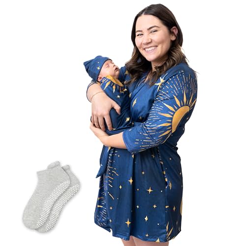 Asha Creations Mommy & Newborn Outfit Set, 4 Piece Set Includes Nursing Robe, Mom Sock, Swaddle Blanket and Matching Baby Hat