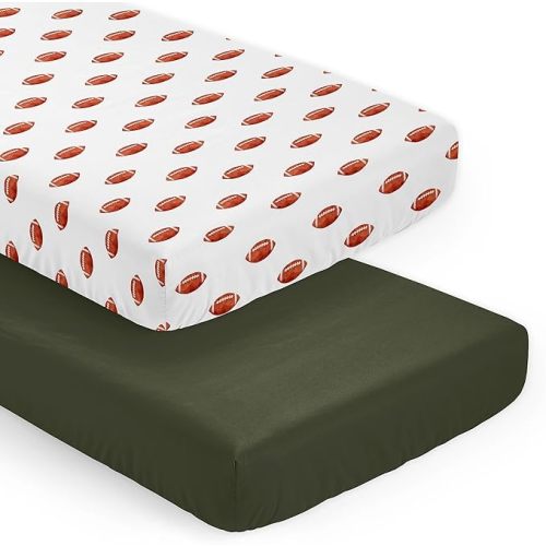 Sweet Jojo Designs 2-Piece Baby Crib Sheets Set (Football Sports) for Boys, Infant Nursery, Toddler Room - Fitted, Standard Size (Americana, Classic, Brown and White Footballs, Solid Dark Green)