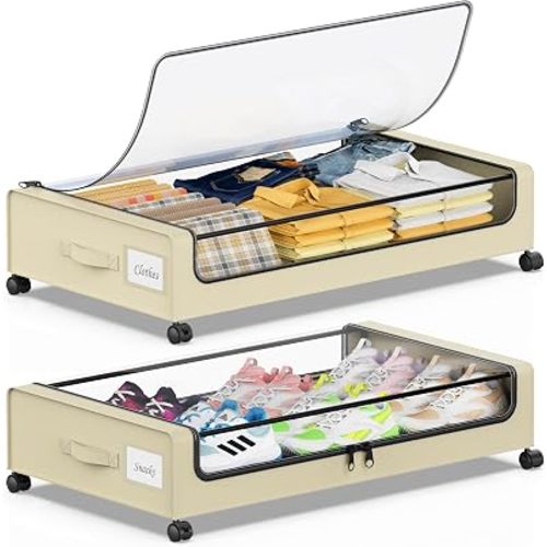 Beborxue Under Bed Storage with Wheels, 2-Pack Under the Bed Storage Containers with Lids, XXL 60L Under Bed Shoes Storage Organizer Bins, Rolling Underbed Storage for Clothes, Shoes, Blankets (Beige)