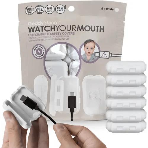 Geddy´s Mom Watch Your Mouth - The Award-Winning Child Safety USB Cover Cap Baby Proof Cord Protector| BPA & Phthalate-Free Charger Protector | Electrical Safety Baby Products - 6 Pack (White)