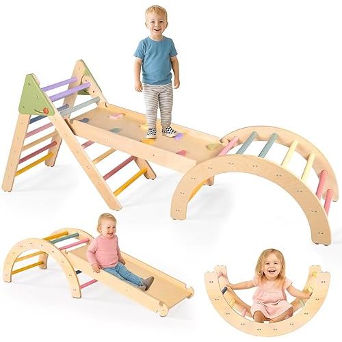 aiwo 7-in-1 Pikler Triangle Set Toddler Climbing Toys Indoor, Montessori Baby Climbing Gym, Climbing Set for Toddlers 1-3 Jungle Gym