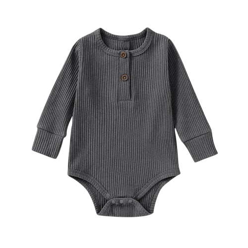 Dealovy Infant Baby Clothes Fall Unisex Toddler Crewneck Long Sleeve Onesie Kids Cotton Ribbed Button Dumpling Rompers Solid Color Jumpsuit