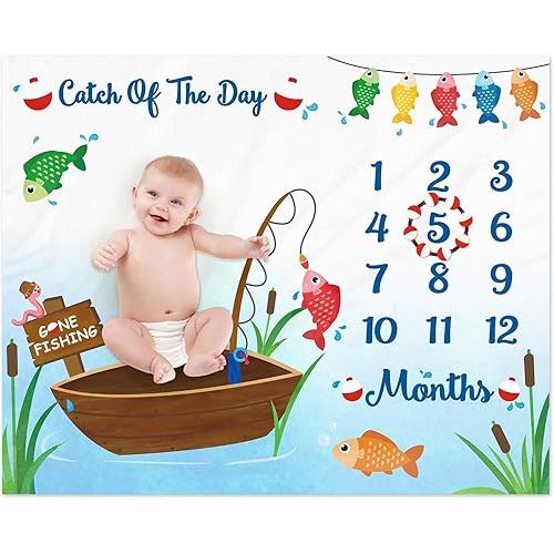 Gone Fishing Baby Monthly Milestone Blanket Little Fisherman Bobber Photo Prop Ideas for Newborn Boy & Girl Nursery Décor (40" X 50")