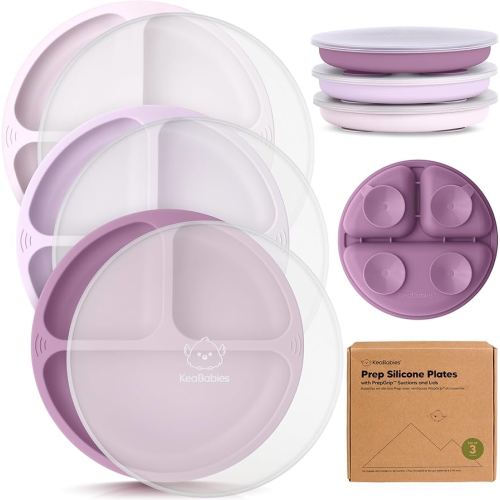 KeaBabies Suction Plates with Lids for Baby - 3-Pack 100% Silicone Toddler Plates with Suction, Divided, BPA-Free Baby Led Weaning Essentials for Kids, Dishwasher, Microwave Safe, Durable (Amethyst)