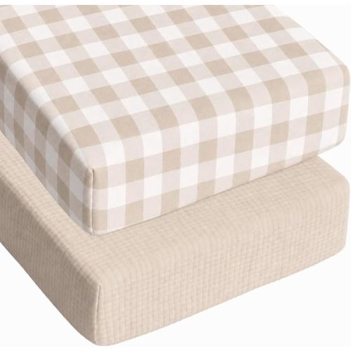 Breling 2 Pcs Muslin Silly Goose and Khaki Gingham Crib Sheets for Girl Soft and Breathable 100% Brown Plaid Cotton Crib Baby Bed Sheets Fitted Mattress Cover for 52''x 28'' Standard Mattress Size