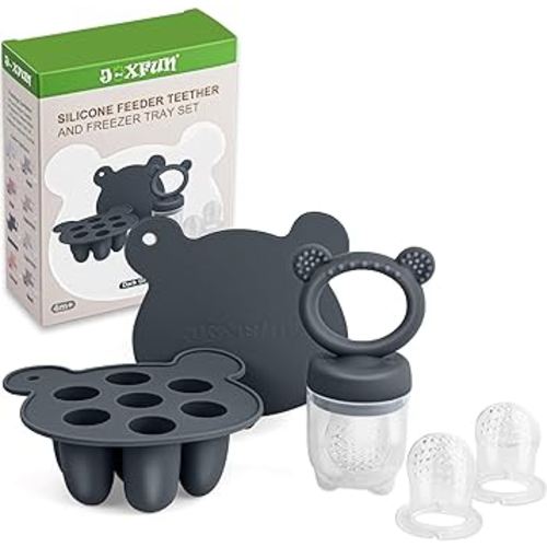 JEXFUN Silicone Baby Food Feeders + Freezer Tray for Batch Prep, Introduce New Foods Safely, Double as Silicone Teething Toys, BPA Free Silicone Feeder for Safe Infant Self Feeding - (Dark Grey)