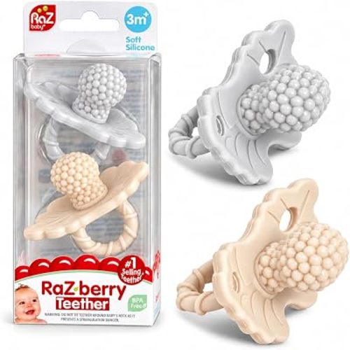 RaZbaby RaZberry Silicone Teether Pacifier – Teething Relief for Infants, Food-Grade, BPA-Free, Hands-Free, Natural Berrybumps Fruit Texture for Sensory Development, Freezable, 2-Pack - Tan & Grey
