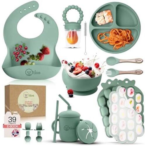 O'doe Baby Weaning Set – 15 Pcs Silicone Baby Feeding Set with Suction Plate, Bowl, Bib, Sippy Cup, Fruit Feeder & Freezer Tray – Baby Plates and Bowls Set for 3M+ | BPA-Free Baby Dishes & Utensils