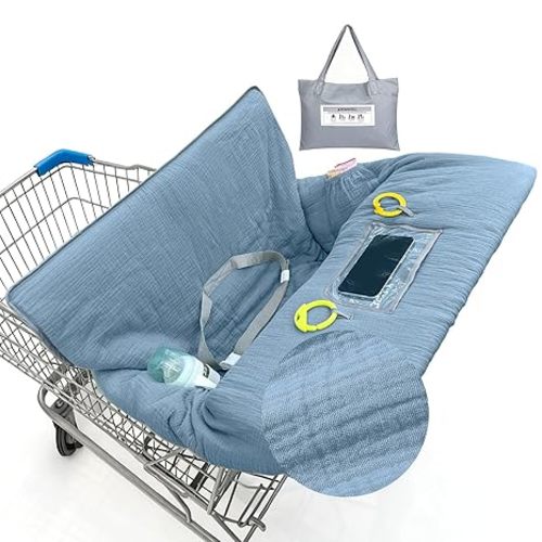 Muslin Shopping Cart Cover for Baby Soft & Breathable High Chair Covers for Restaurant Seat Grocery Cart Cover with Storage Pocket Machine Washable for Infant Toddler Boy Girl, Dusty Blue