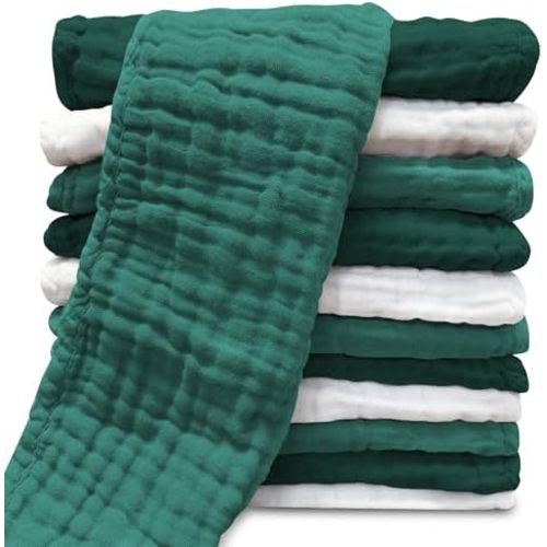 Muslin Burp Cloths for Baby 100% Cotton Burping Cloths for Unisex, Boy, Girl - Large 20'' by 10'' Newborn Essentials Ultra Soft Absorbent Milk Spit Up Rags - 12 Pack - White+Deep Emerald Series