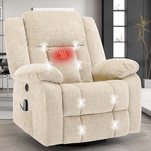 Korser Massage Swivel Rocker Recliner Chair with USB Ports Chenille for Living Room,Khaki