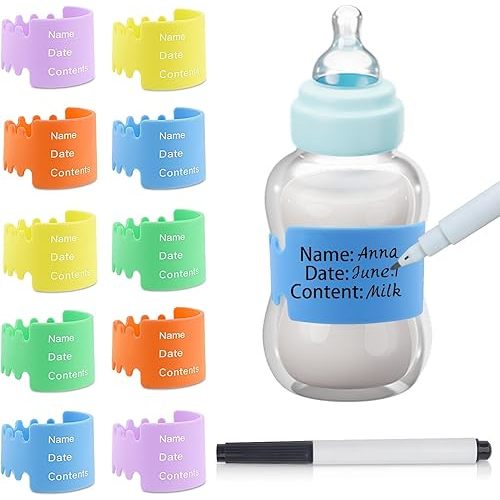 10pcs Reusable Baby Bottle Labels for Daycare - Writable Silicone Bottle Name Bands, Anti-Slip Personalized Name Labels for Baby Bottles, Dishwasher & Microwave Safe, Fits Most Sippy Cups & Bottles