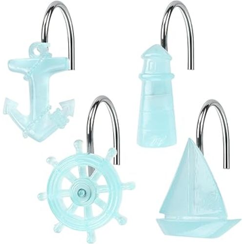 Nautical Shower Curtain Hooks, Tropical Ocean Style Blue Anchor, Rudder, Sailboat, and Lighthouse, Glow in The Dark Summer Bathroom Decor Accessories, Fun Voyage Unique Sea Theme