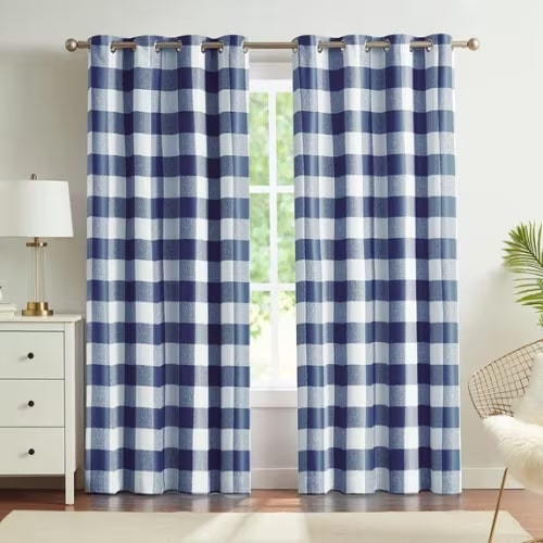 Buffalo Check Plaid Blackout Curtains 84 Inches Long for Living Room, Bedroom Thermal Insulated Room Darkening Grommet Drapes, Blue, 50 x 84 Inch, 2 Panels